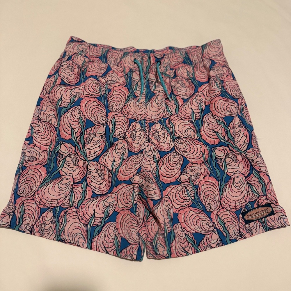 Vineyard Vines Swim Trunks Men Large Pink Blue Oyster Shell Print 7 Inch Inseam